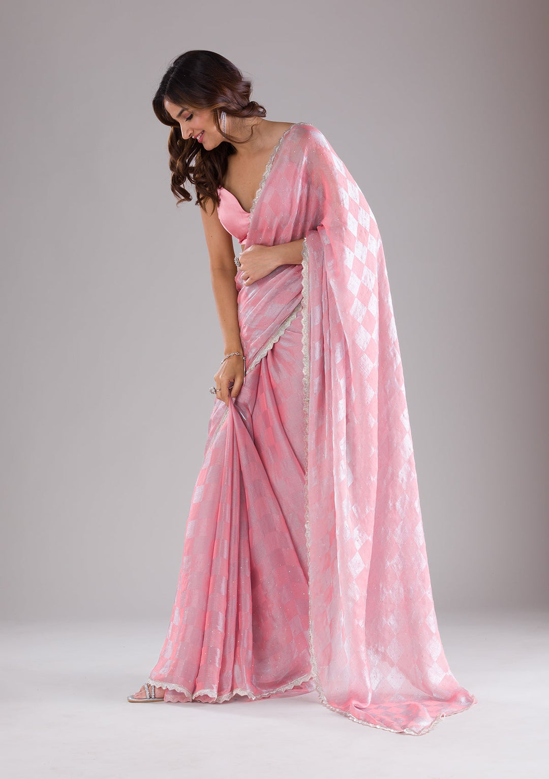 Peach Stonework Semi Crepe Saree-Koskii
