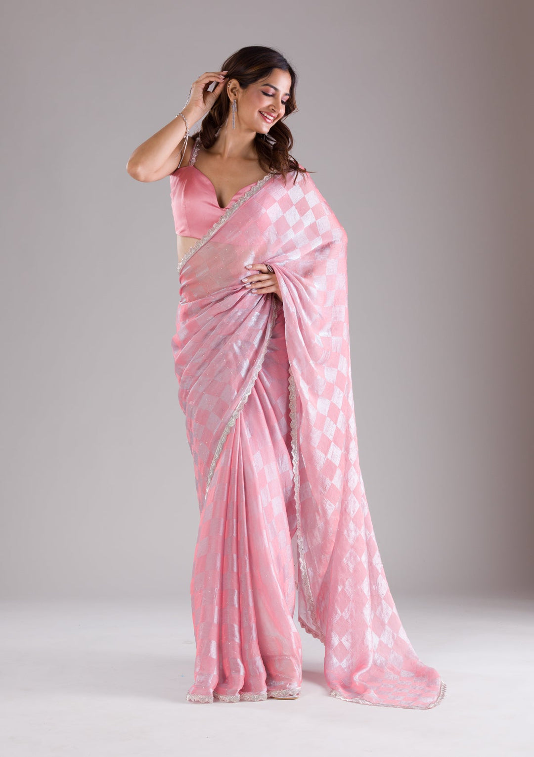 Peach Stonework Semi Crepe Saree-Koskii