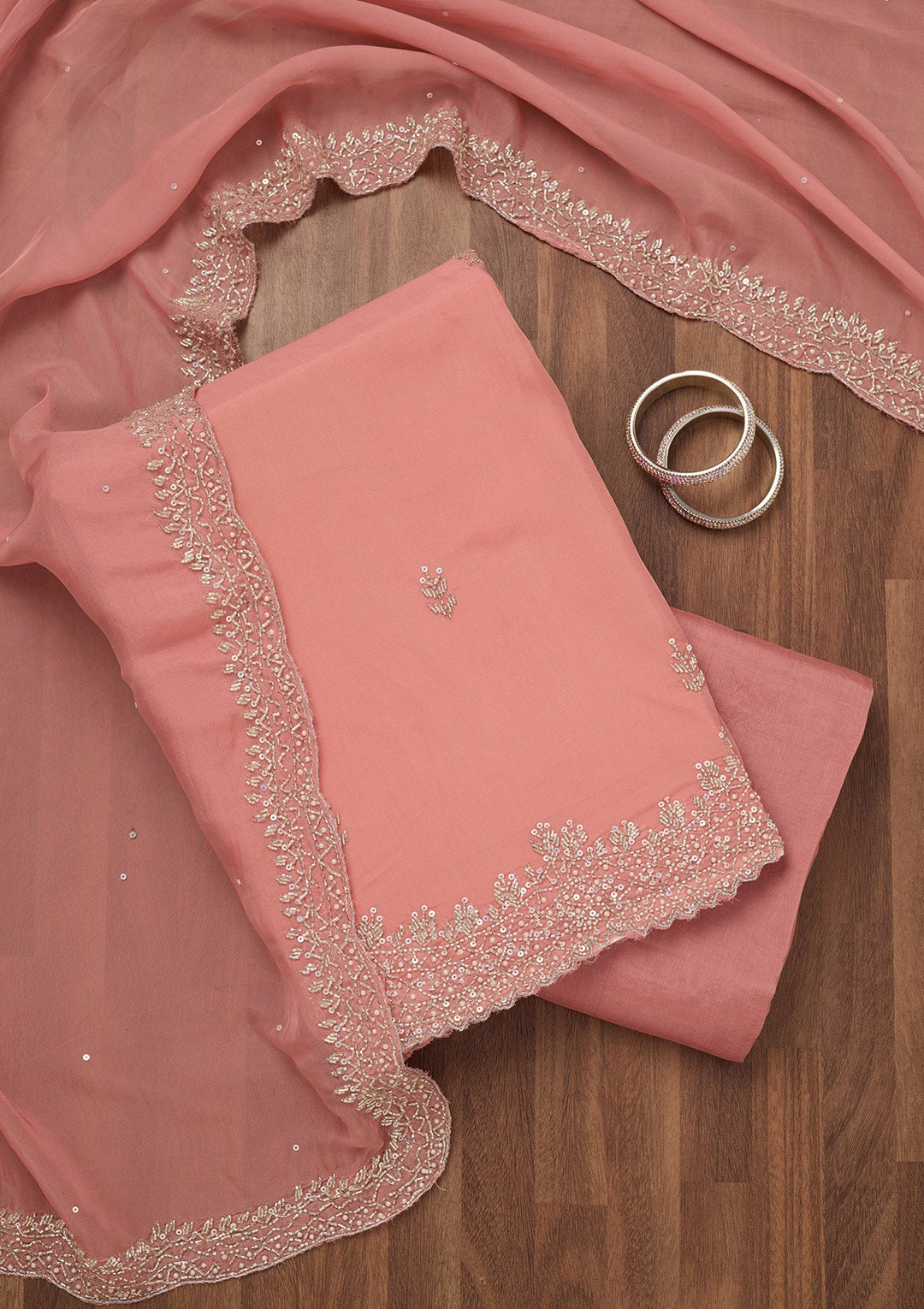 Peach Stonework Tissue Unstitched Salwar Suit-Koskii