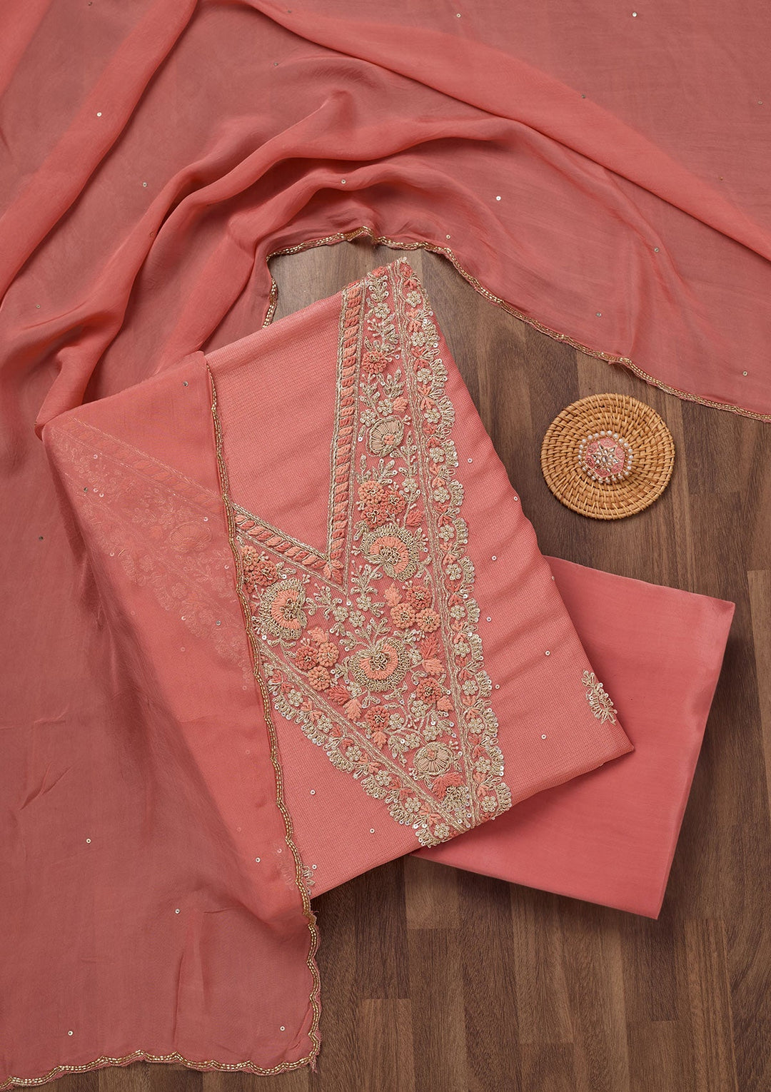 Peach Stonework Tissue Unstitched Salwar Suit-Koskii