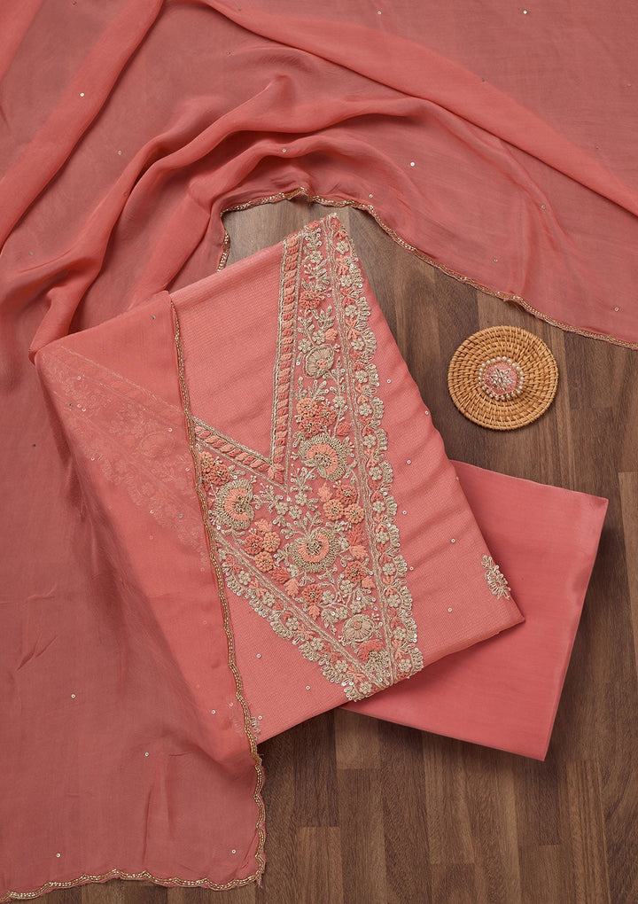Peach Stonework Tissue Unstitched Salwar Suit-Koskii