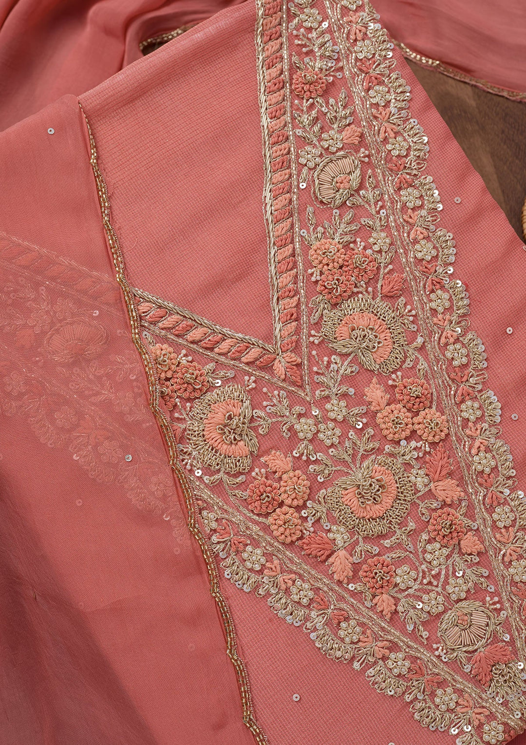 Peach Stonework Tissue Unstitched Salwar Suit-Koskii
