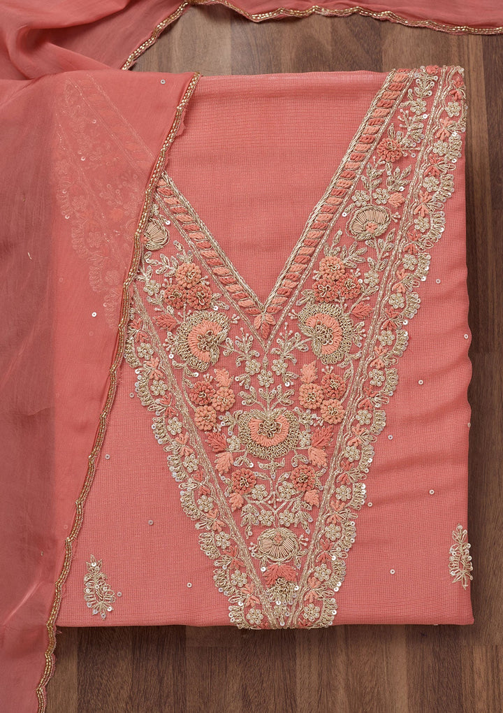 Peach Stonework Tissue Unstitched Salwar Suit-Koskii