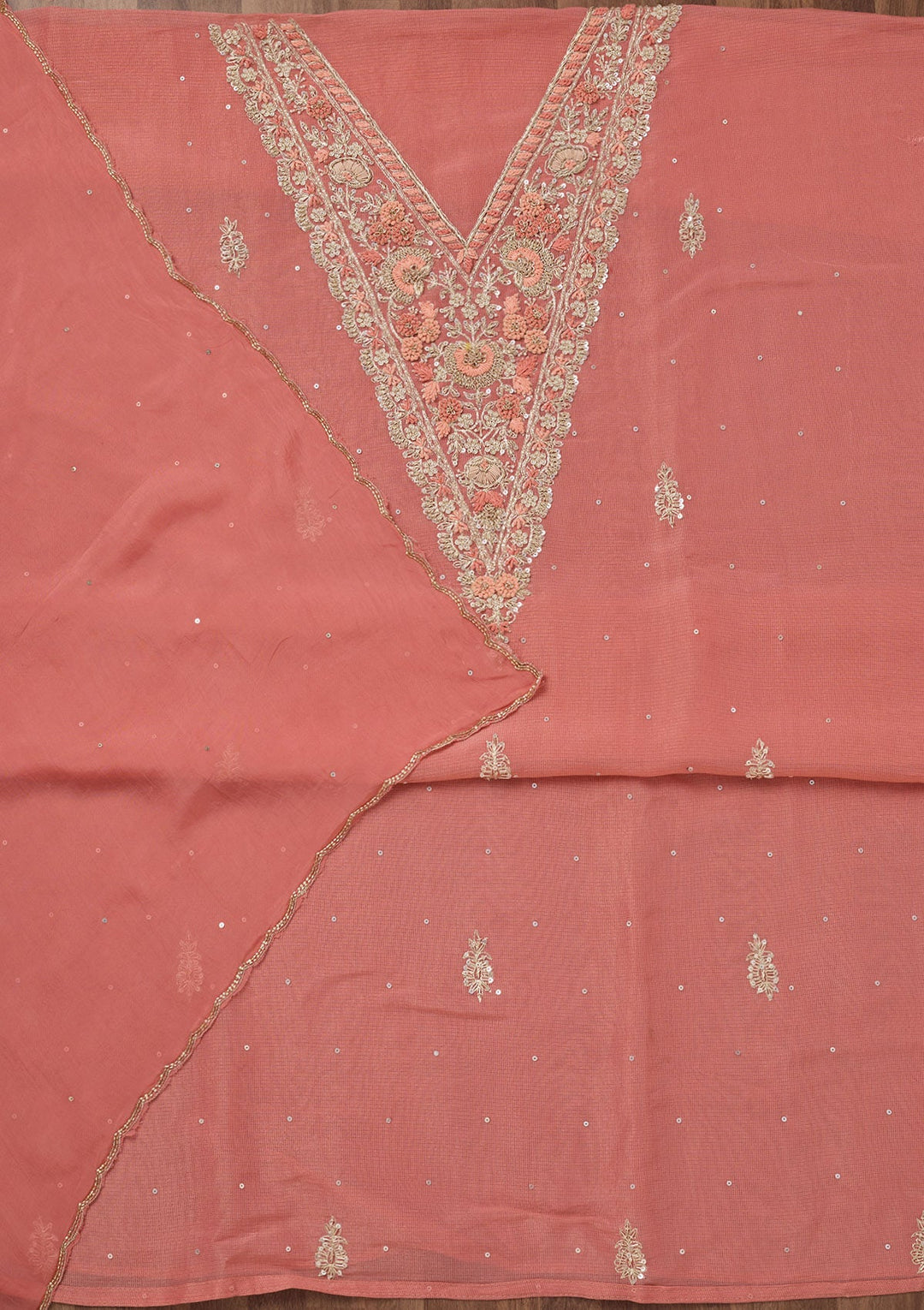 Peach Stonework Tissue Unstitched Salwar Suit-Koskii