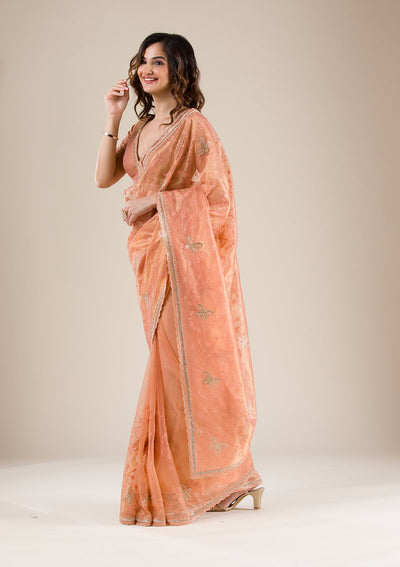 Peach Stonework Tissue Saree-Koskii