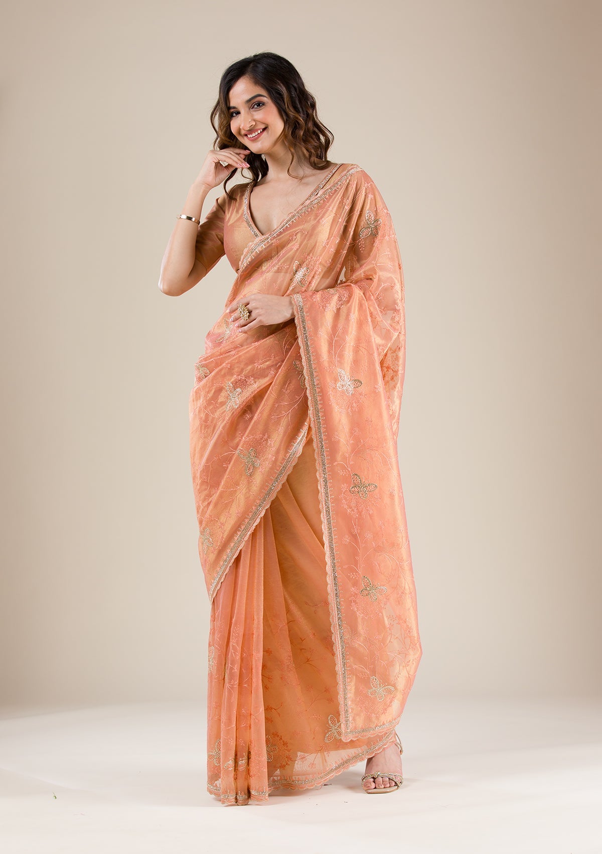 Peach Stonework Tissue Saree-Koskii