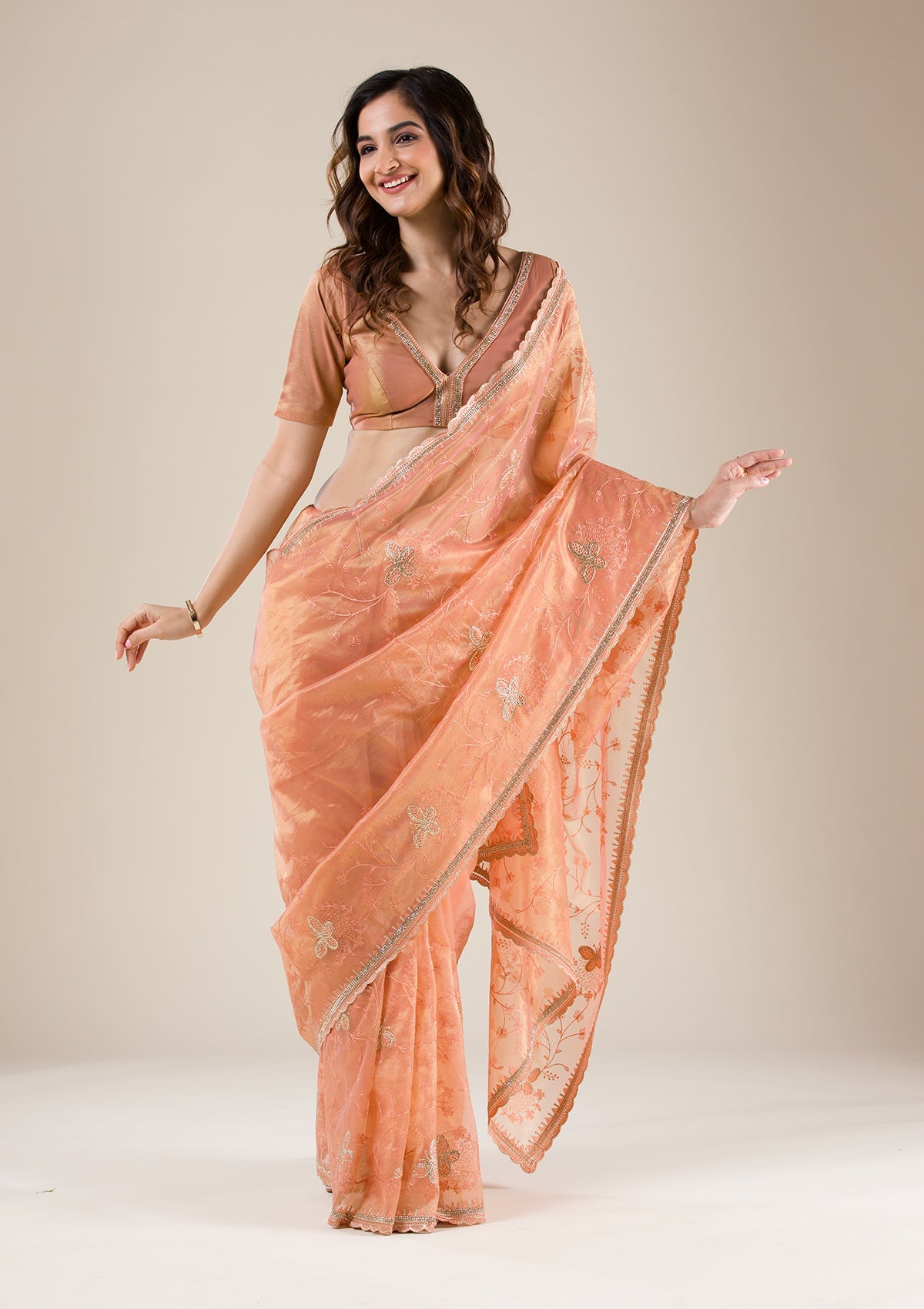 Peach Stonework Tissue Saree-Koskii