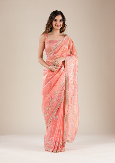 Peach Stonework Tissue Saree-Koskii