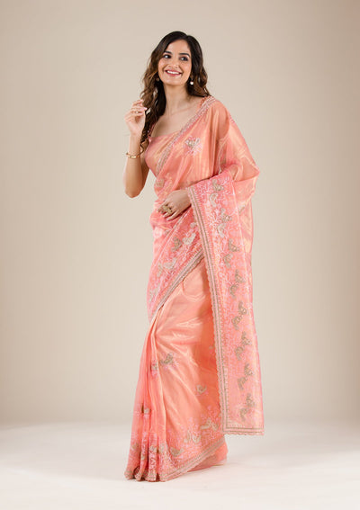 Peach Stonework Tissue Saree-Koskii