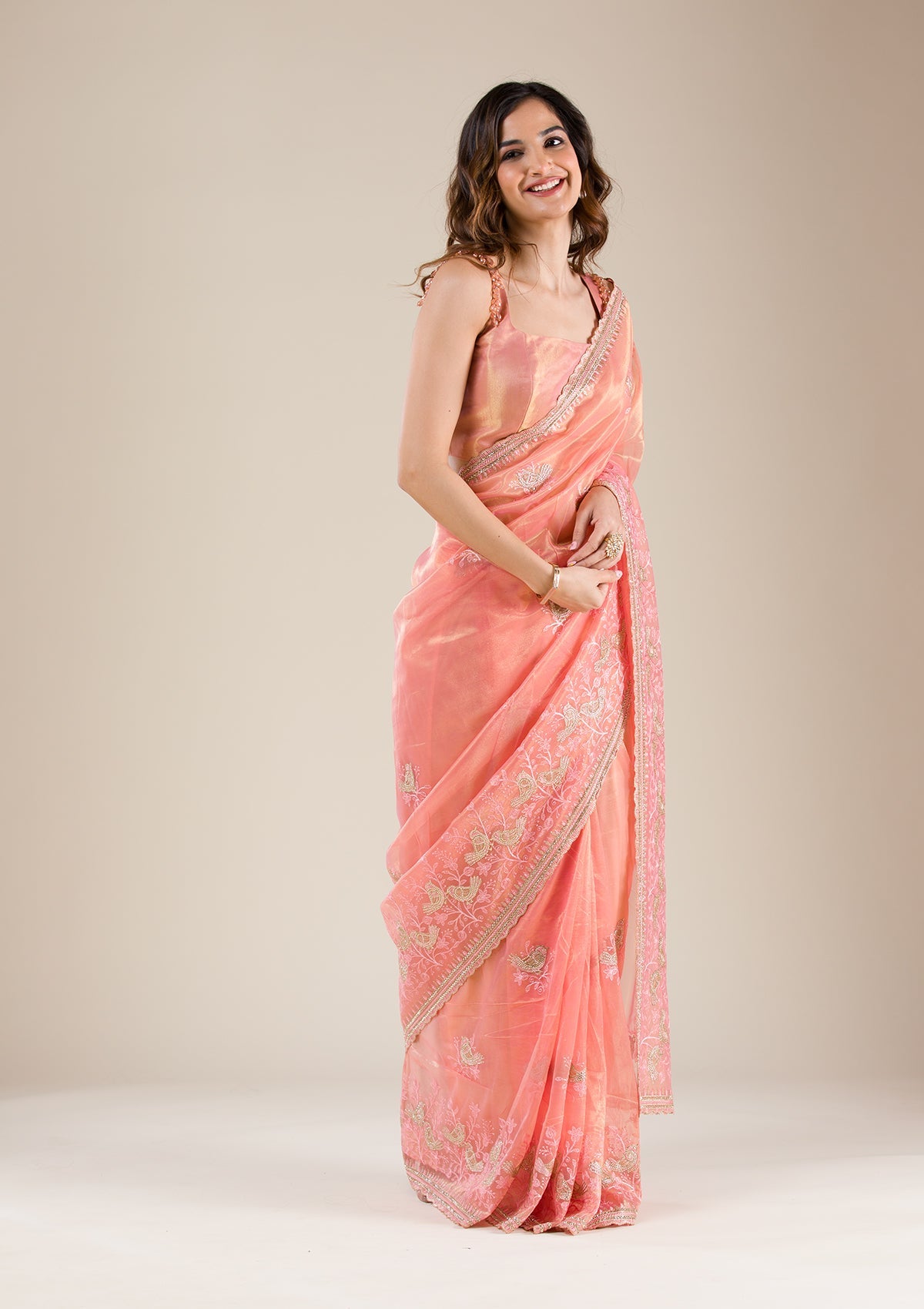 Peach Stonework Tissue Saree-Koskii