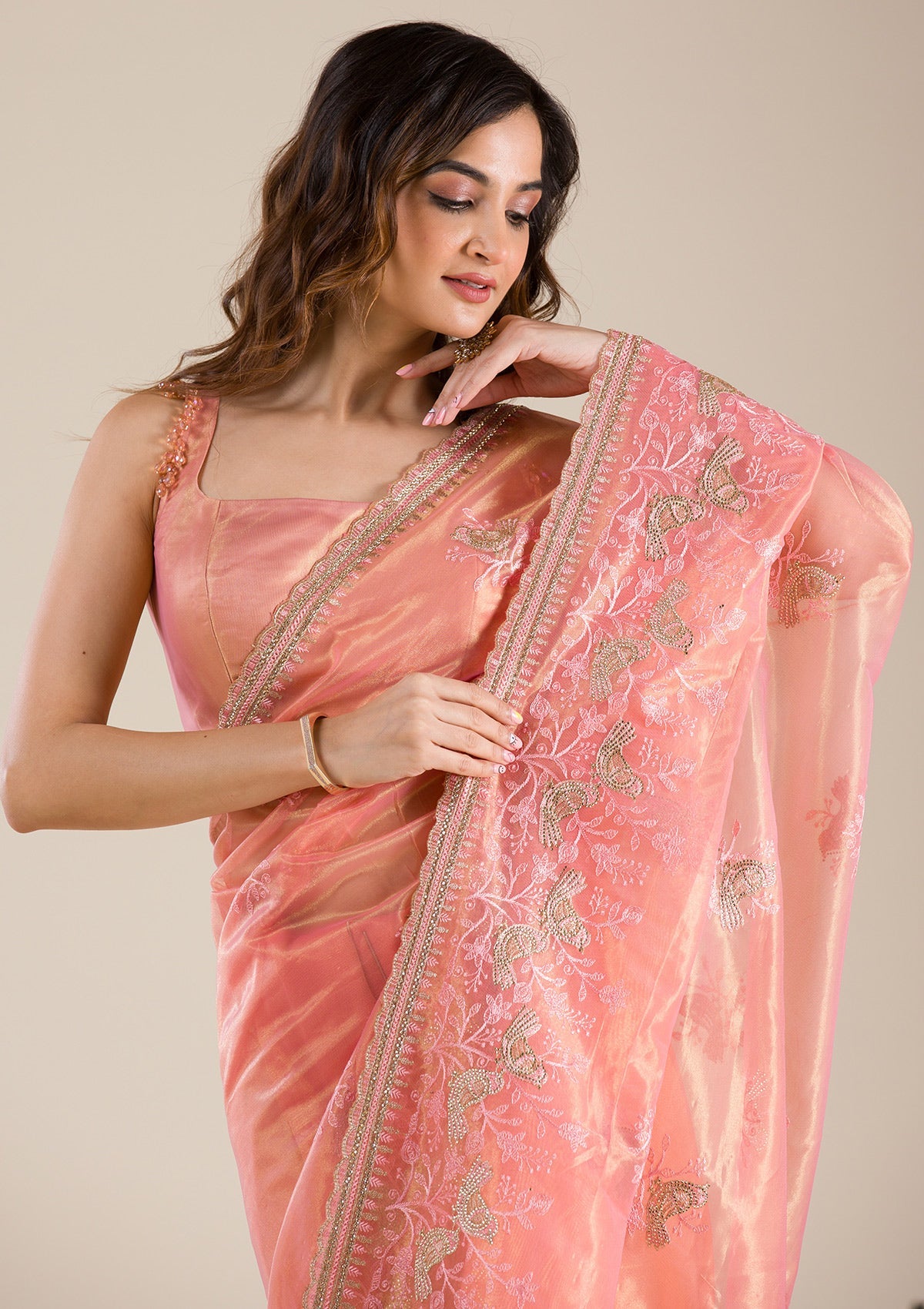 Peach Stonework Tissue Saree-Koskii