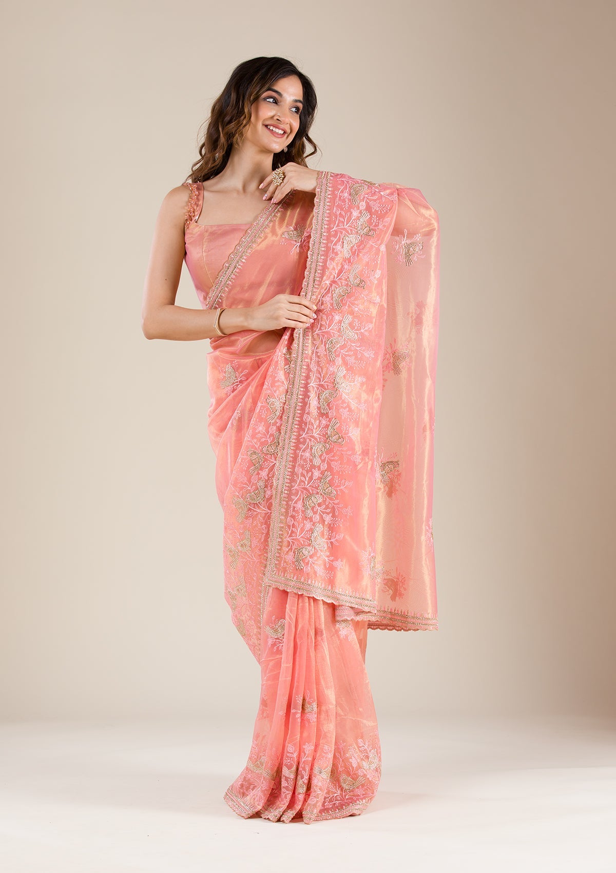 Peach Stonework Tissue Saree-Koskii