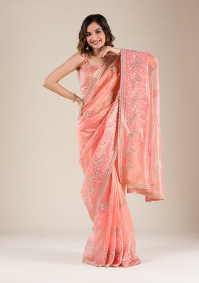 Peach Stonework Tissue Saree-Koskii