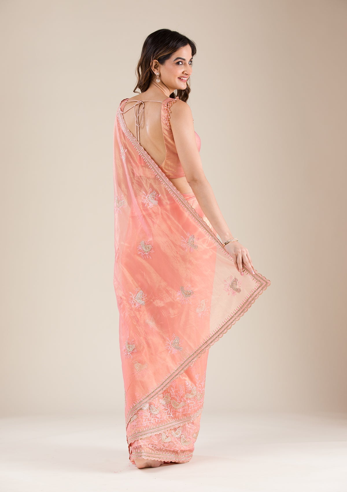 Peach Stonework Tissue Saree-Koskii