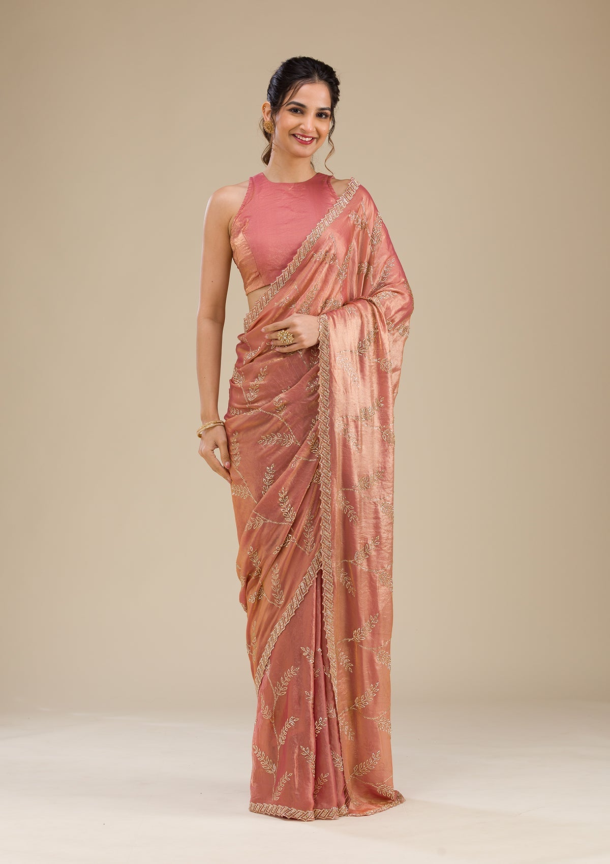 Peach Stonework Tissue Saree-Koskii