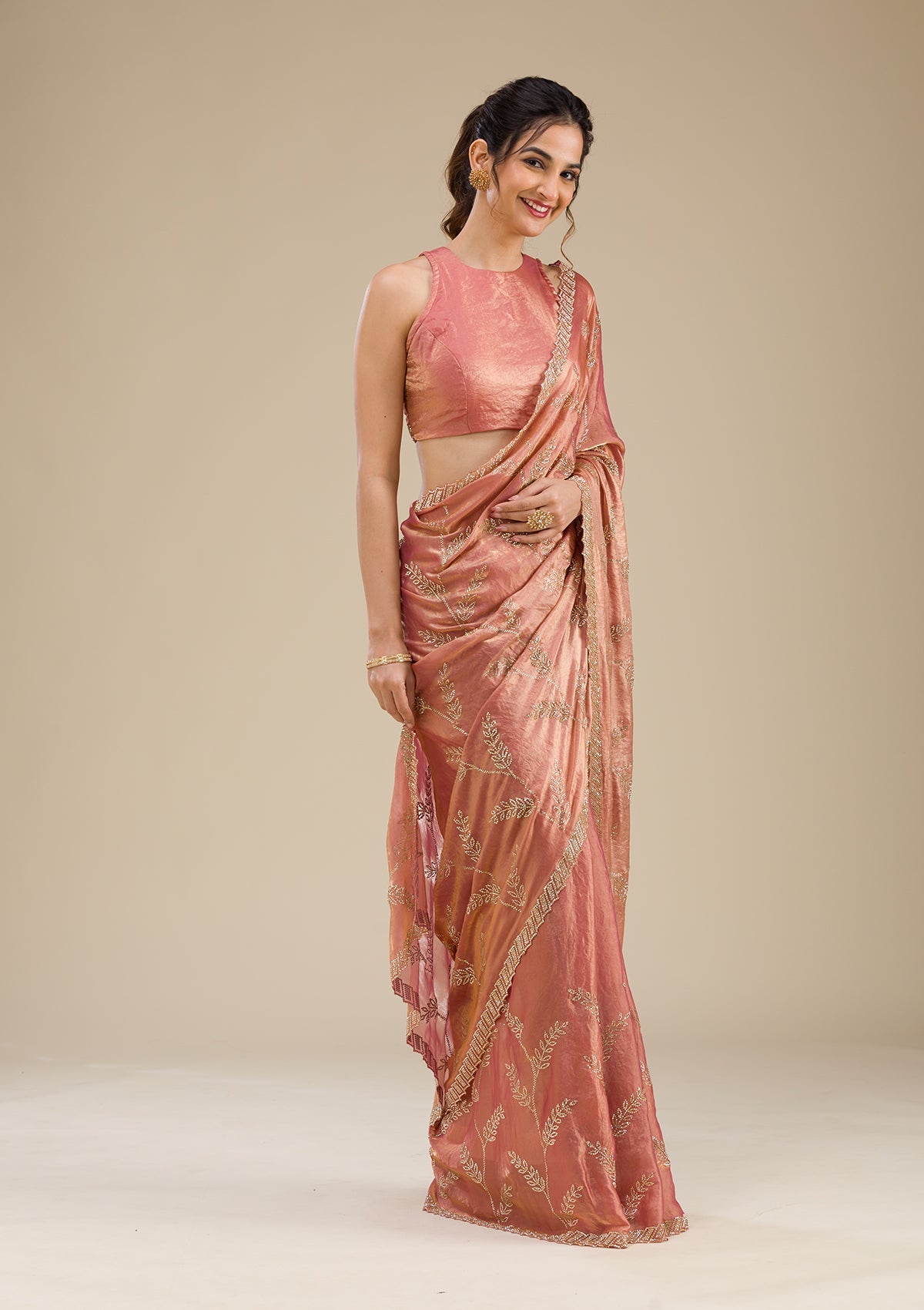 Peach Stonework Tissue Saree-Koskii