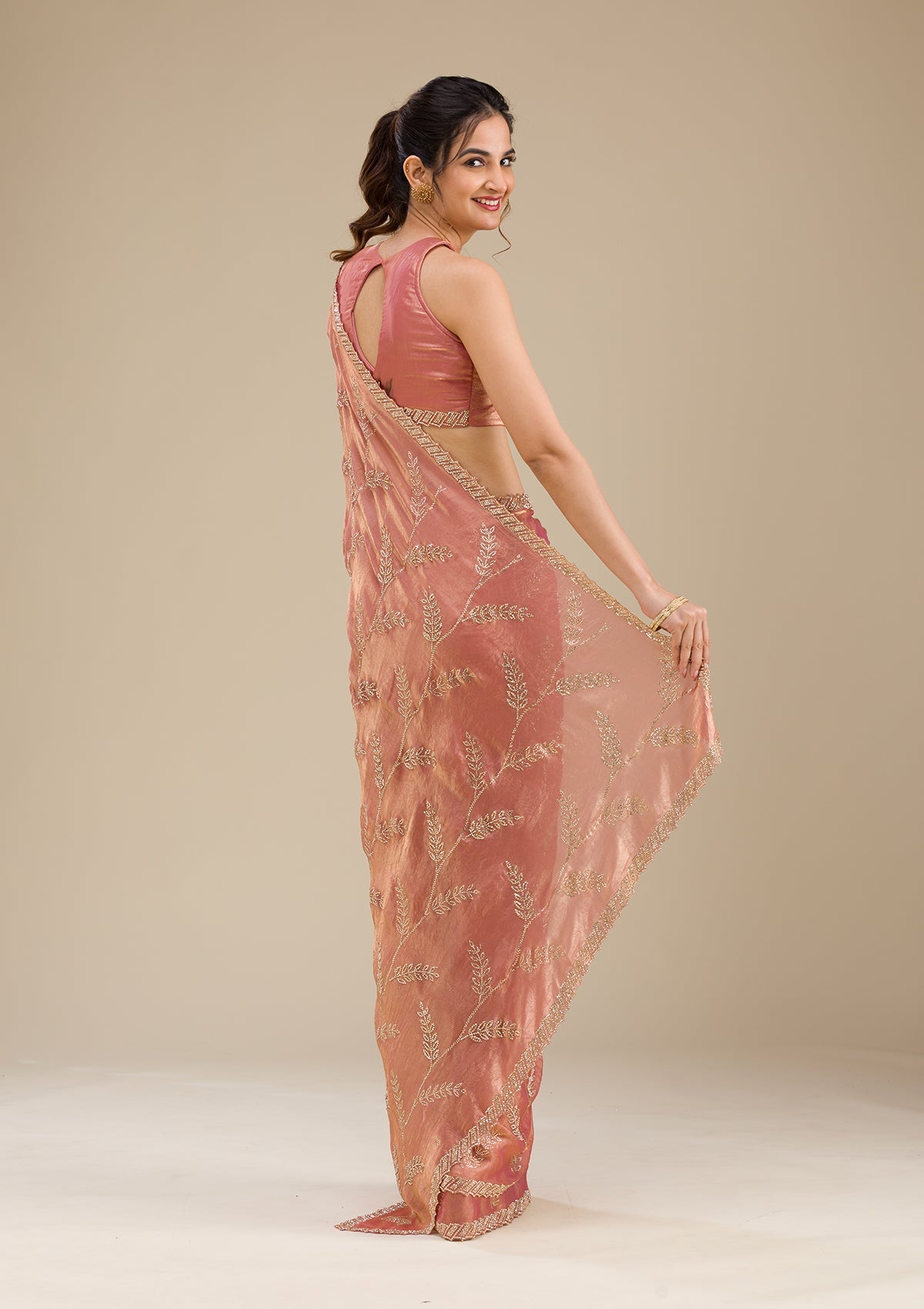 Peach Stonework Tissue Saree-Koskii