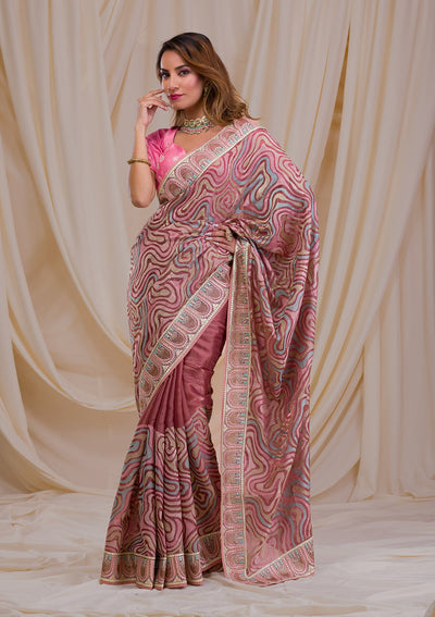 Peach Swarovski Chiffon Saree-Koskii