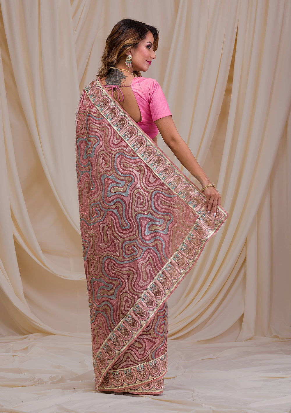 Peach Swarovski Chiffon Saree-Koskii