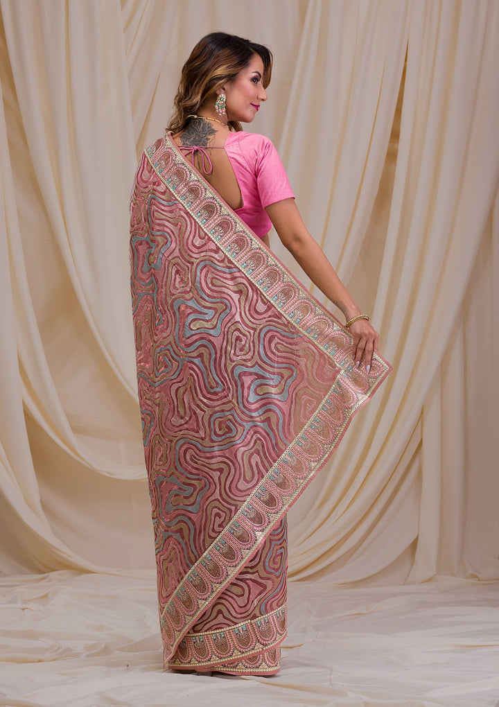 Peach Swarovski Chiffon Saree-Koskii