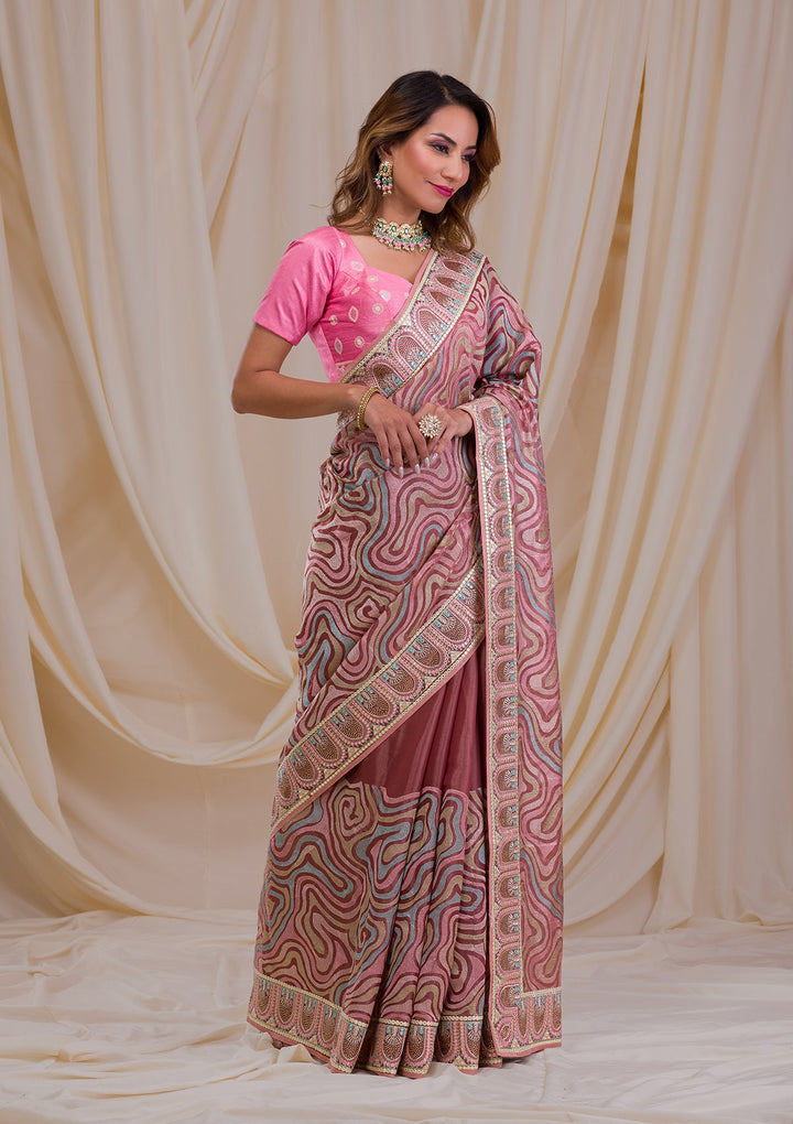 Peach Swarovski Chiffon Saree-Koskii