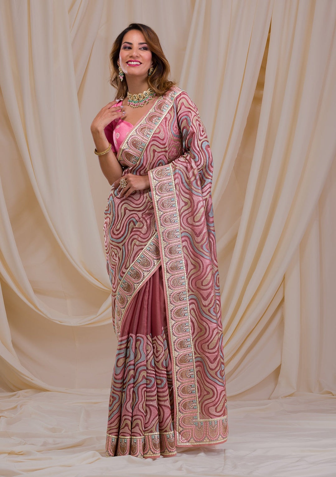 Peach Swarovski Chiffon Saree-Koskii
