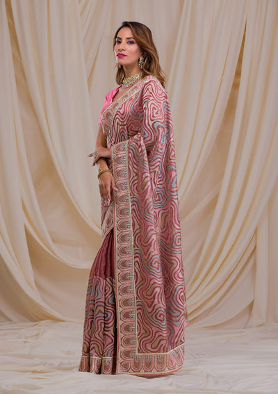 Peach Swarovski Chiffon Saree-Koskii