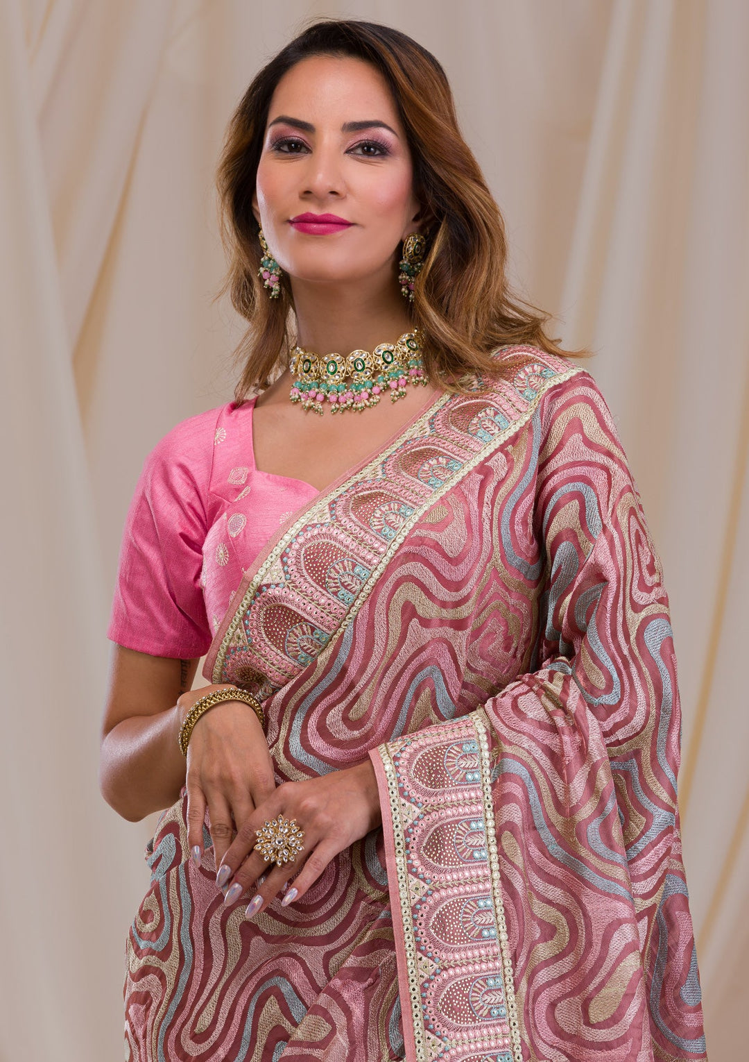 Peach Swarovski Chiffon Saree-Koskii