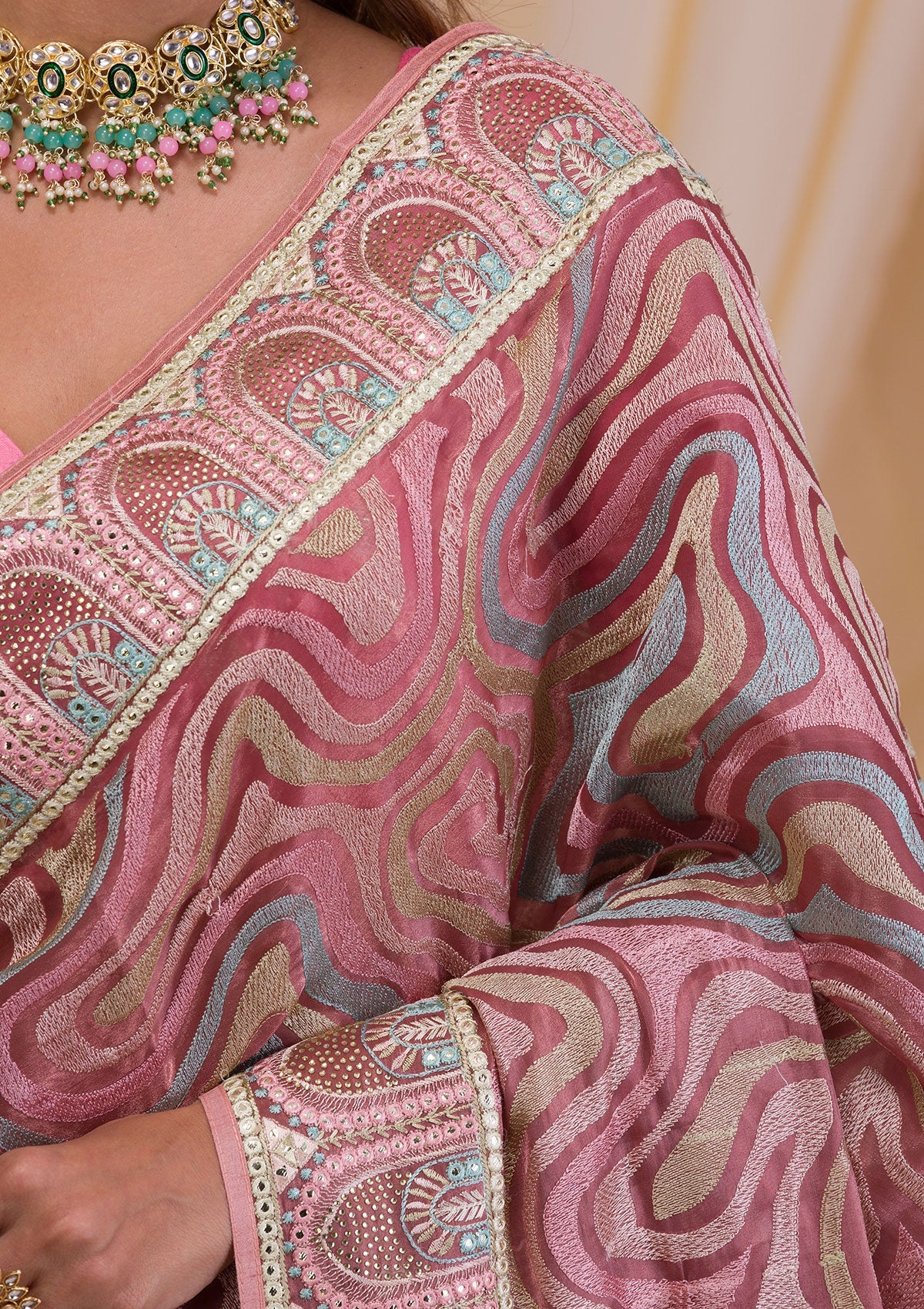 Peach Swarovski Chiffon Saree-Koskii