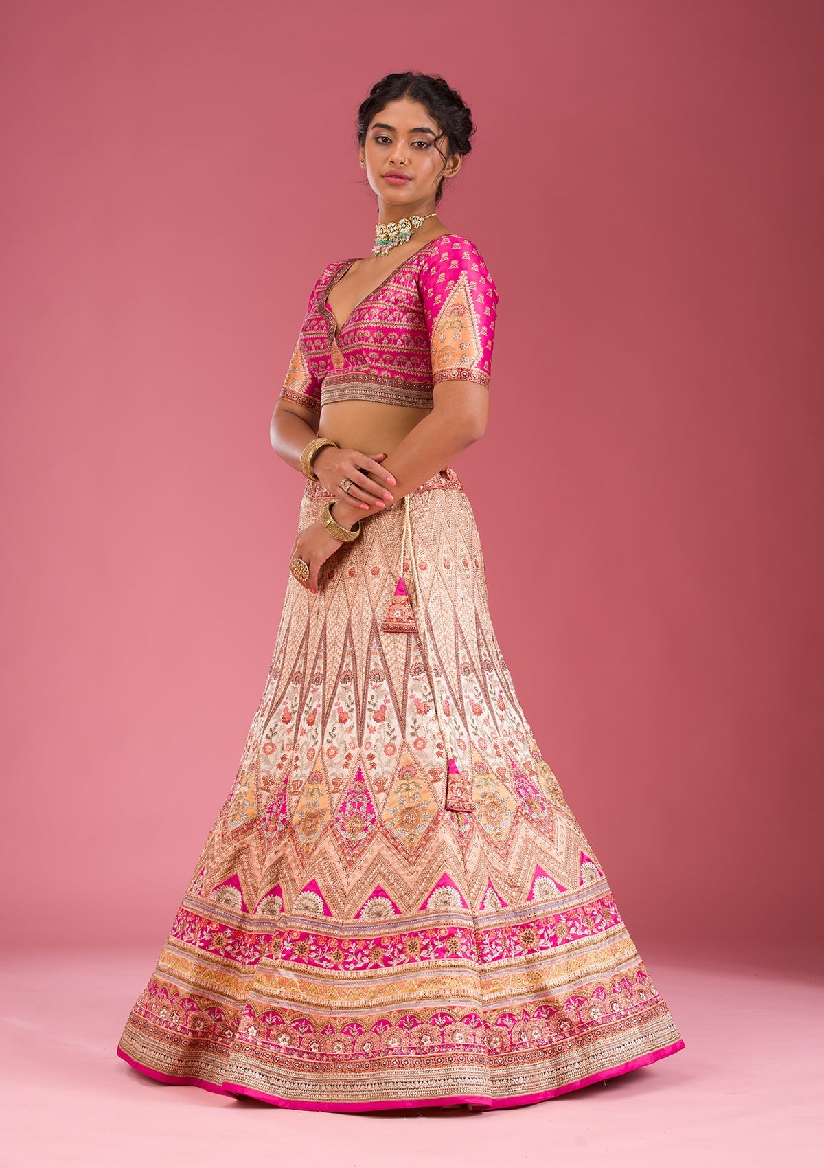 Peach Swarovski Raw Silk Readymade Lehenga-Koskii