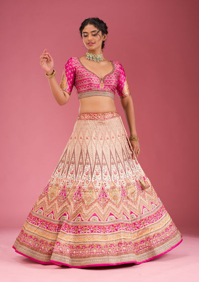 Peach Swarovski Raw Silk Readymade Lehenga-Koskii