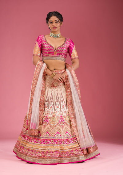 Peach Swarovski Raw Silk Readymade Lehenga-Koskii