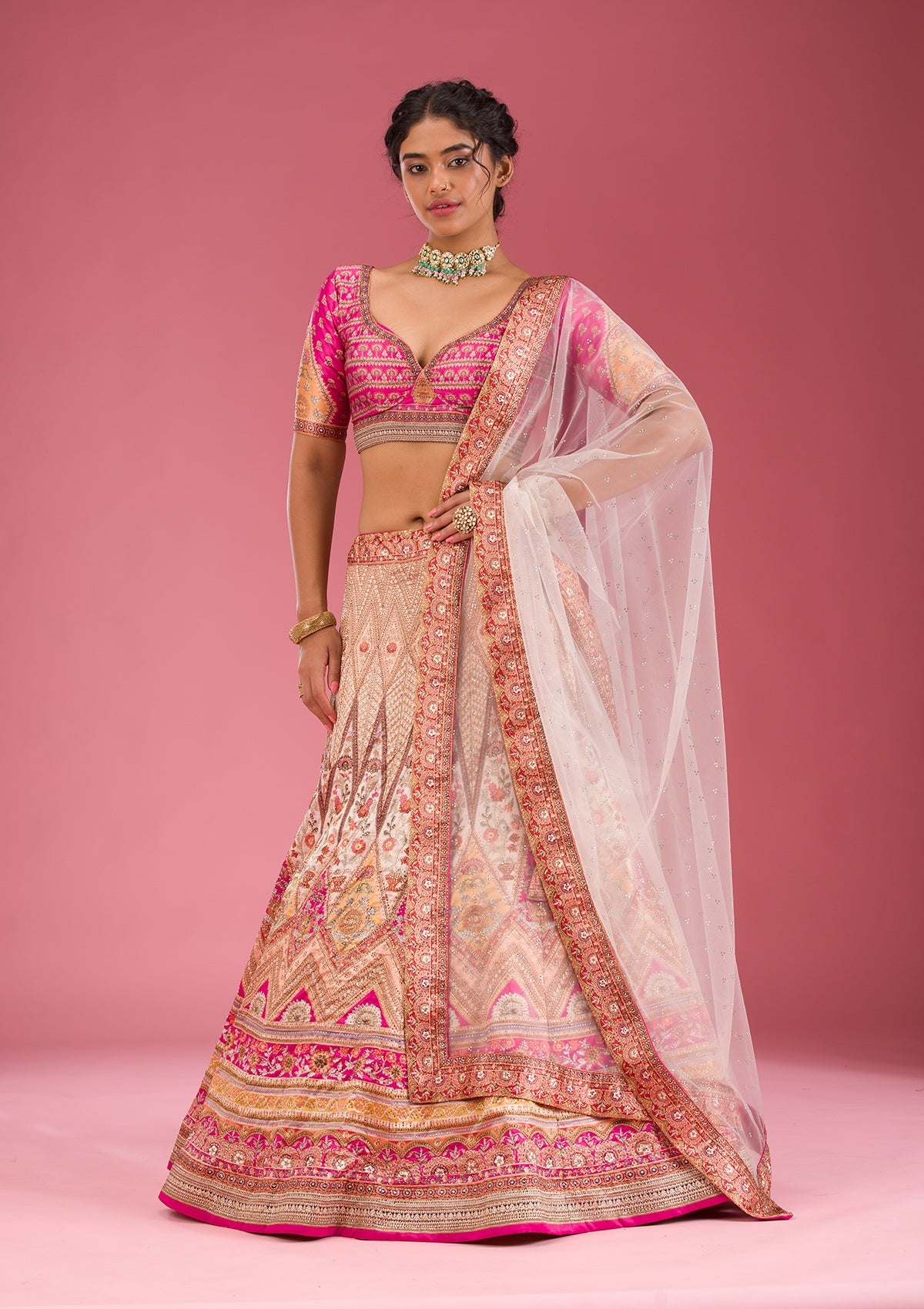 Peach Swarovski Raw Silk Readymade Lehenga-Koskii