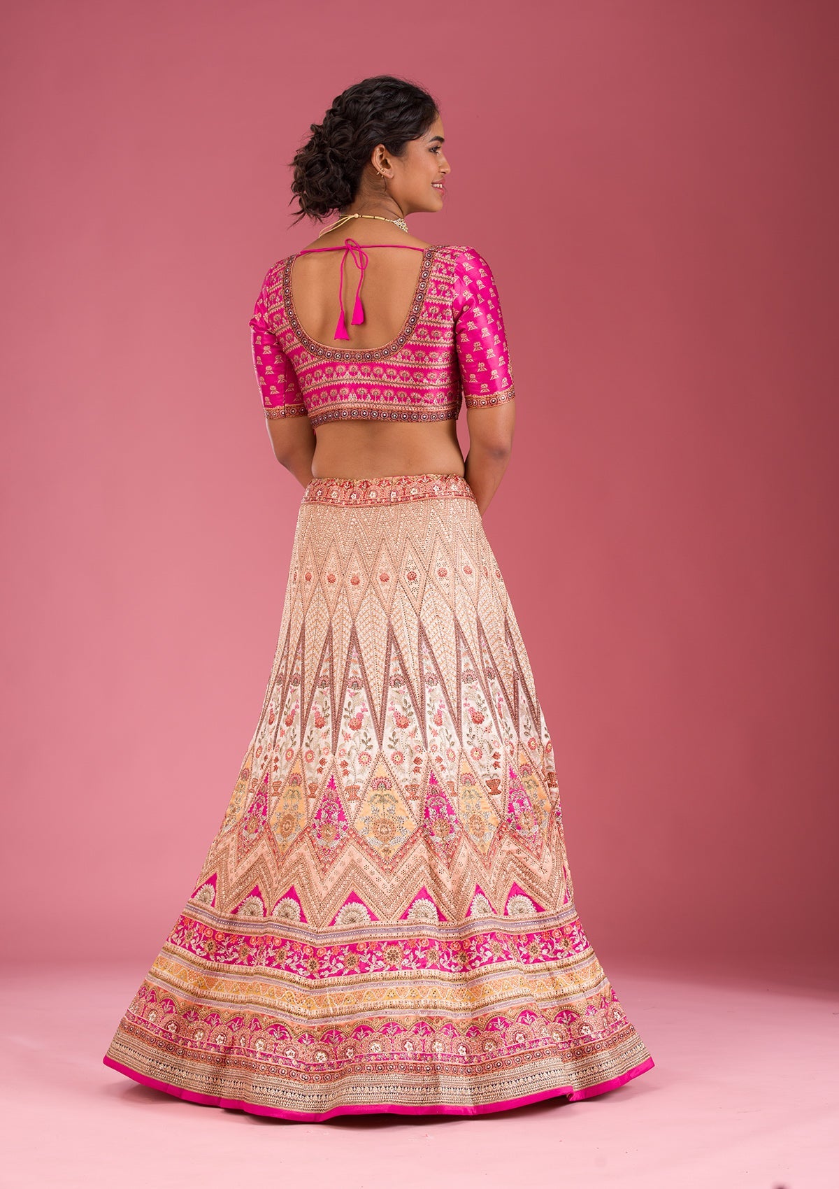 Peach Swarovski Raw Silk Readymade Lehenga-Koskii