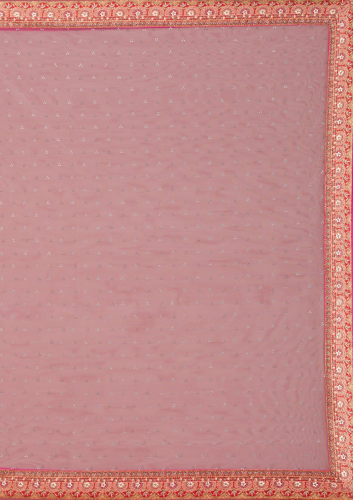 Peach Swarovski Raw Silk Readymade Lehenga-Koskii