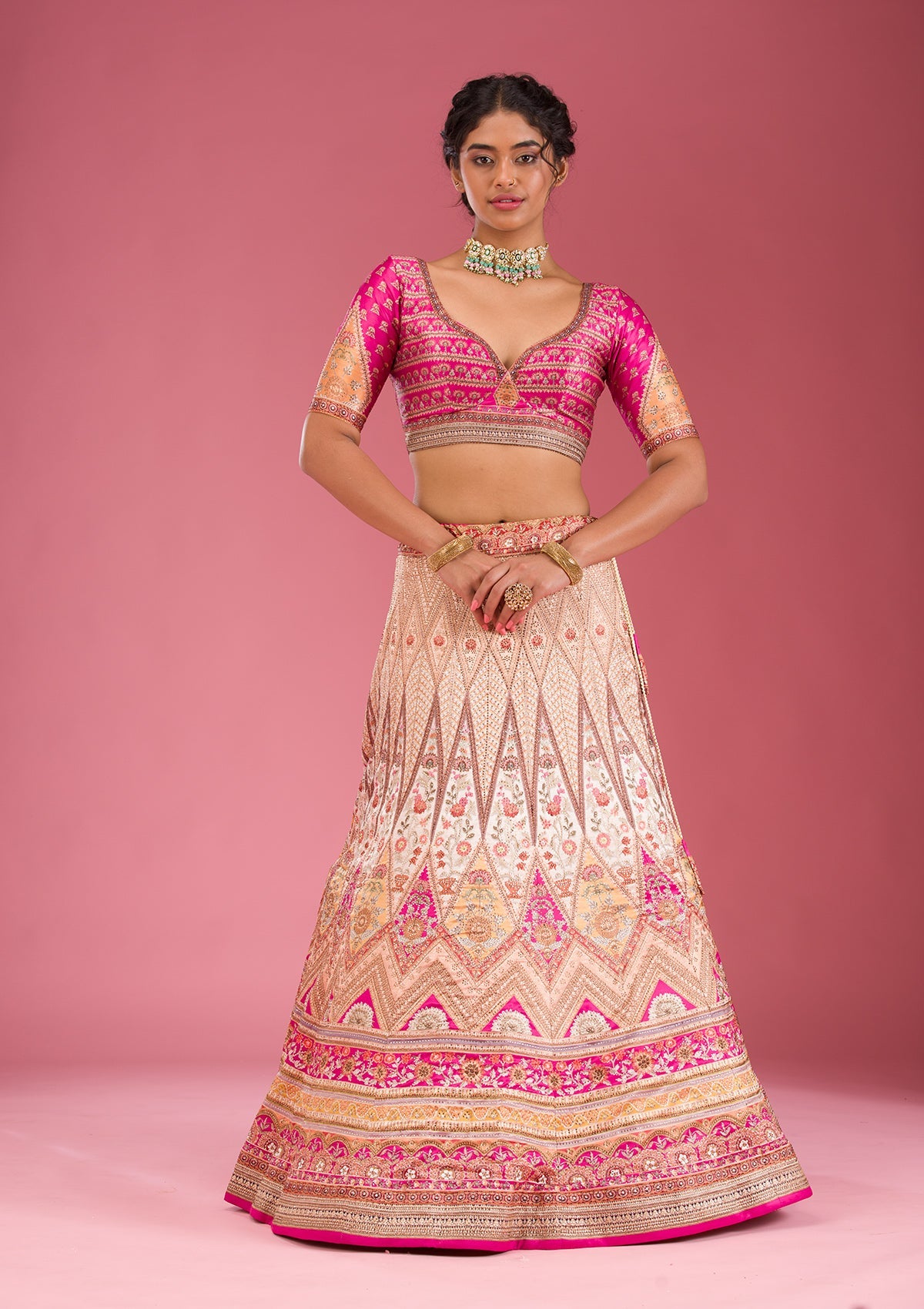 Peach Swarovski Raw Silk Readymade Lehenga-Koskii