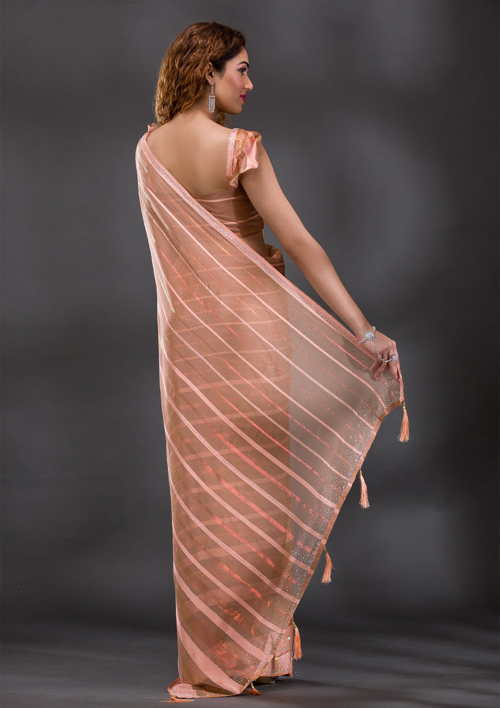 Peach Swarovski Shimmer Georgette Saree-Koskii