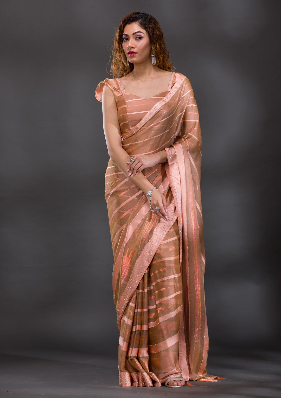 Peach Swarovski Shimmer Georgette Saree-Koskii
