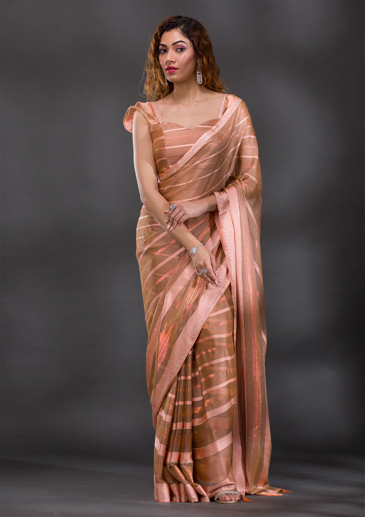 Peach Swarovski Shimmer Georgette Saree-Koskii