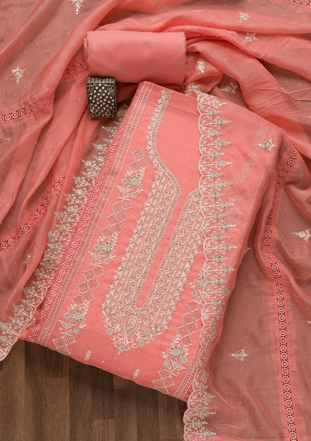 Peach Swarovski Tissue Unstitched Salwar Suit-Koskii