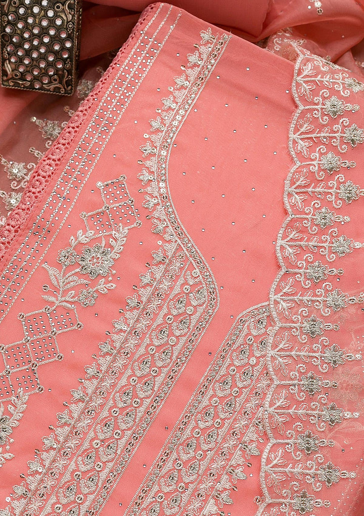 Peach Swarovski Tissue Unstitched Salwar Suit-Koskii