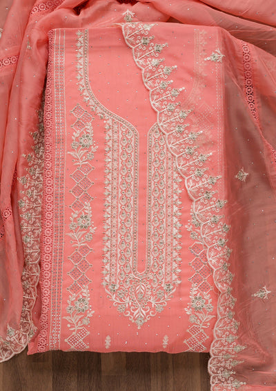 Peach Swarovski Tissue Unstitched Salwar Suit-Koskii
