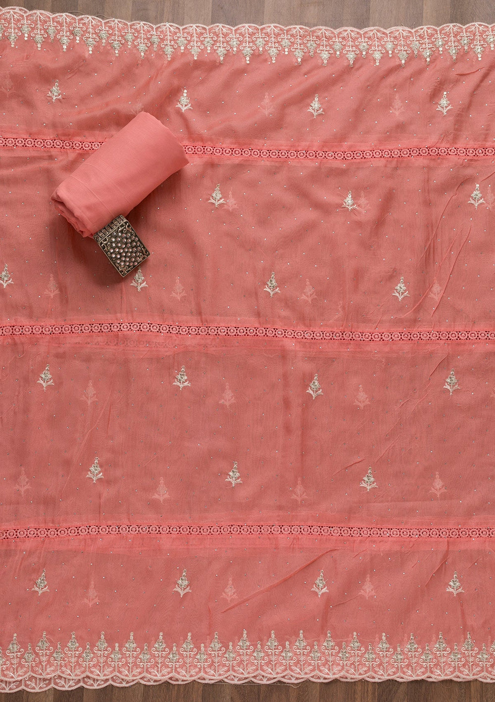 Peach Swarovski Tissue Unstitched Salwar Suit-Koskii