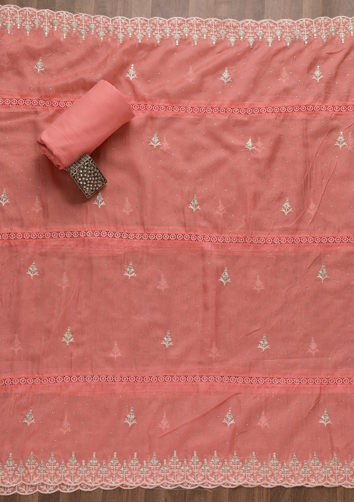 Peach Swarovski Tissue Unstitched Salwar Suit-Koskii
