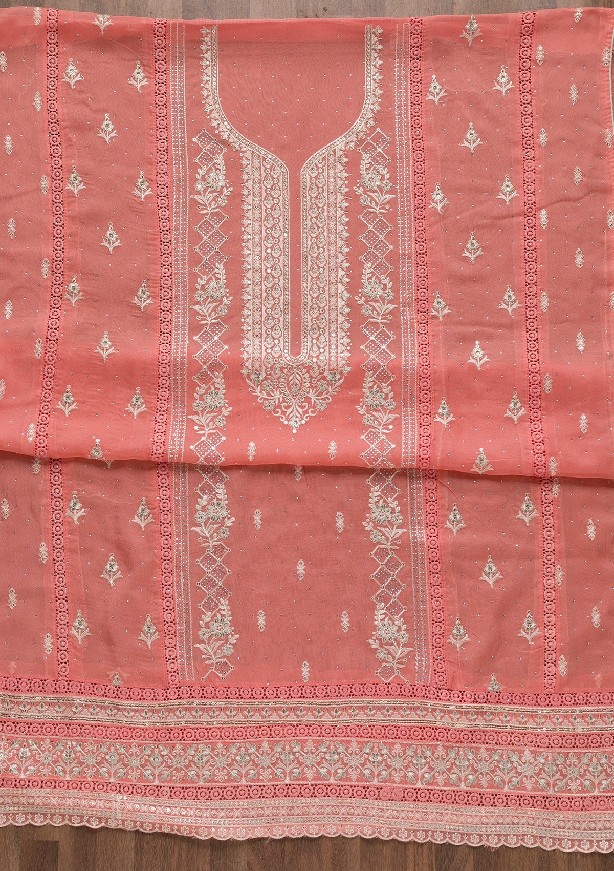 Peach Swarovski Tissue Unstitched Salwar Suit-Koskii