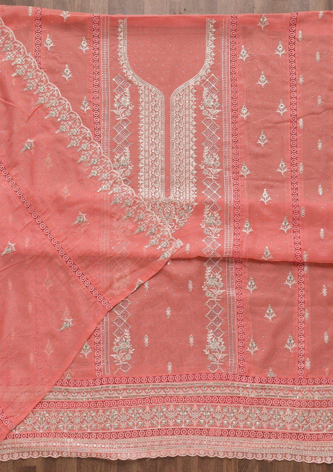 Peach Swarovski Tissue Unstitched Salwar Suit-Koskii