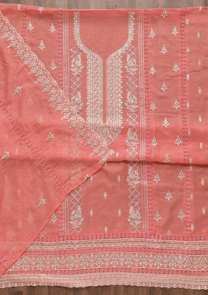 Peach Swarovski Tissue Unstitched Salwar Suit-Koskii