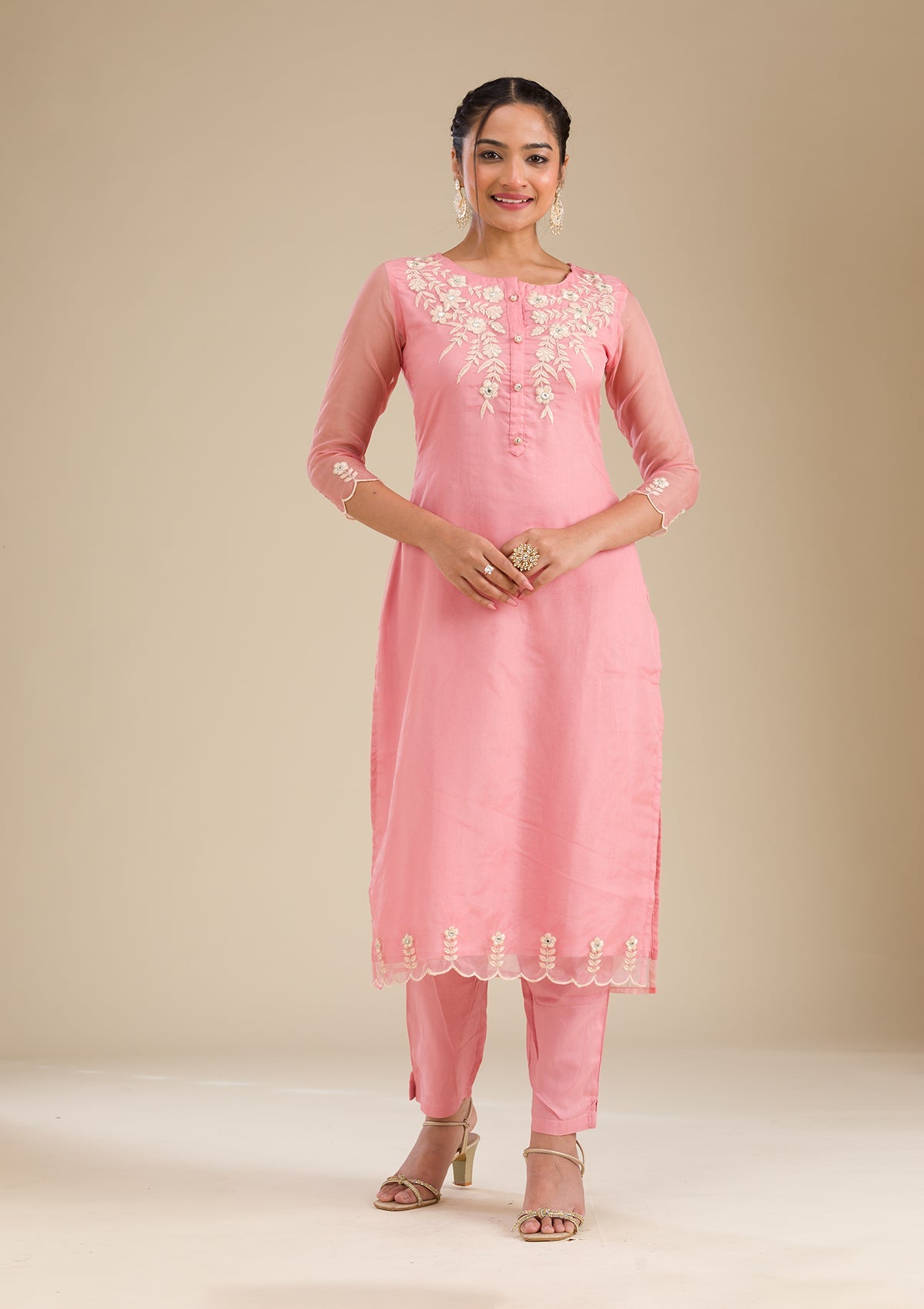 Peach Threadwork Chiffon Readymade Salwar Suit-Koskii