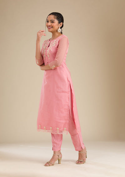 Peach Threadwork Chiffon Readymade Salwar Suit-Koskii