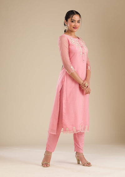 Peach Threadwork Chiffon Readymade Salwar Suit-Koskii